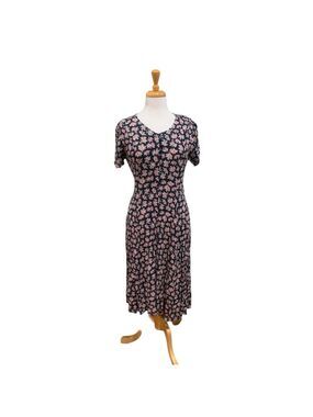 Vintage 90’s rayon corset back BETSY'S THINGS Navy Pink Floral Dress Petite 10P